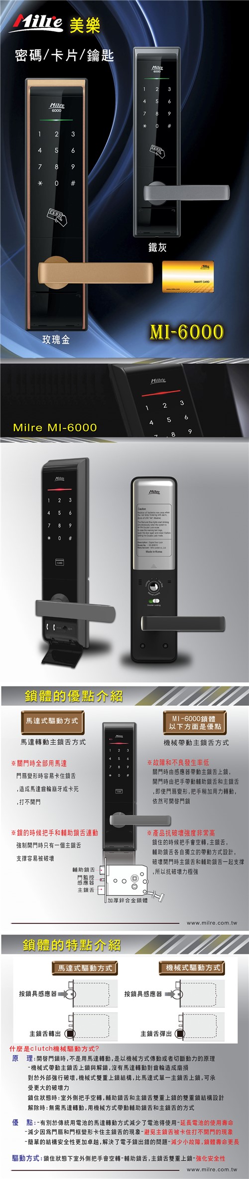 美樂 Milre MI-6000 感應卡密碼鑰匙電子鎖